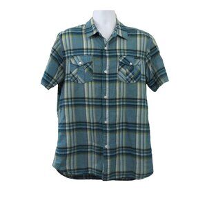 Quicksilver Mens Shirt Large Blue Plaid Button Front Collar Pockets 100% Cotton